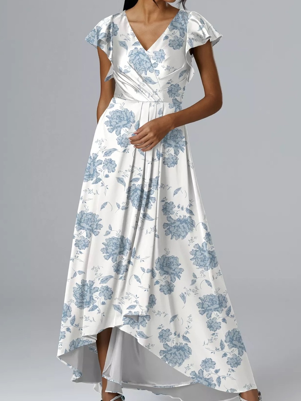 Floral V-Neck White and Light Blue Maxi Dress
